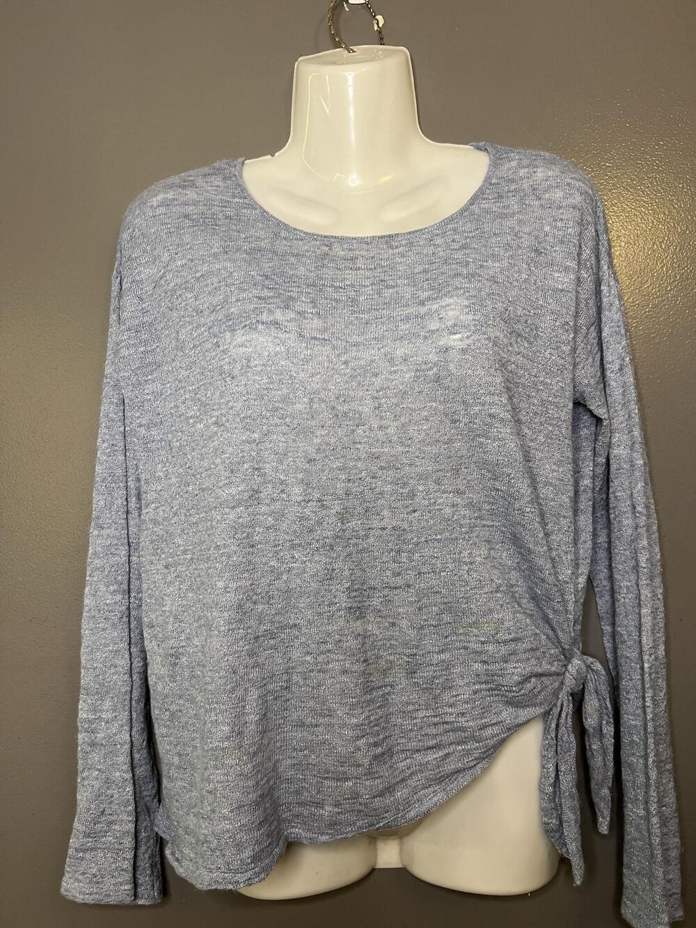 Minnie Rose Sweater Womens XS Blue Linen Blend Side Tie Lightweight Pulloveri